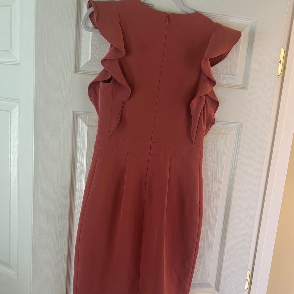 Express Ruffled V-Neck Mini Dress in Rust - Picture 2 of 3
